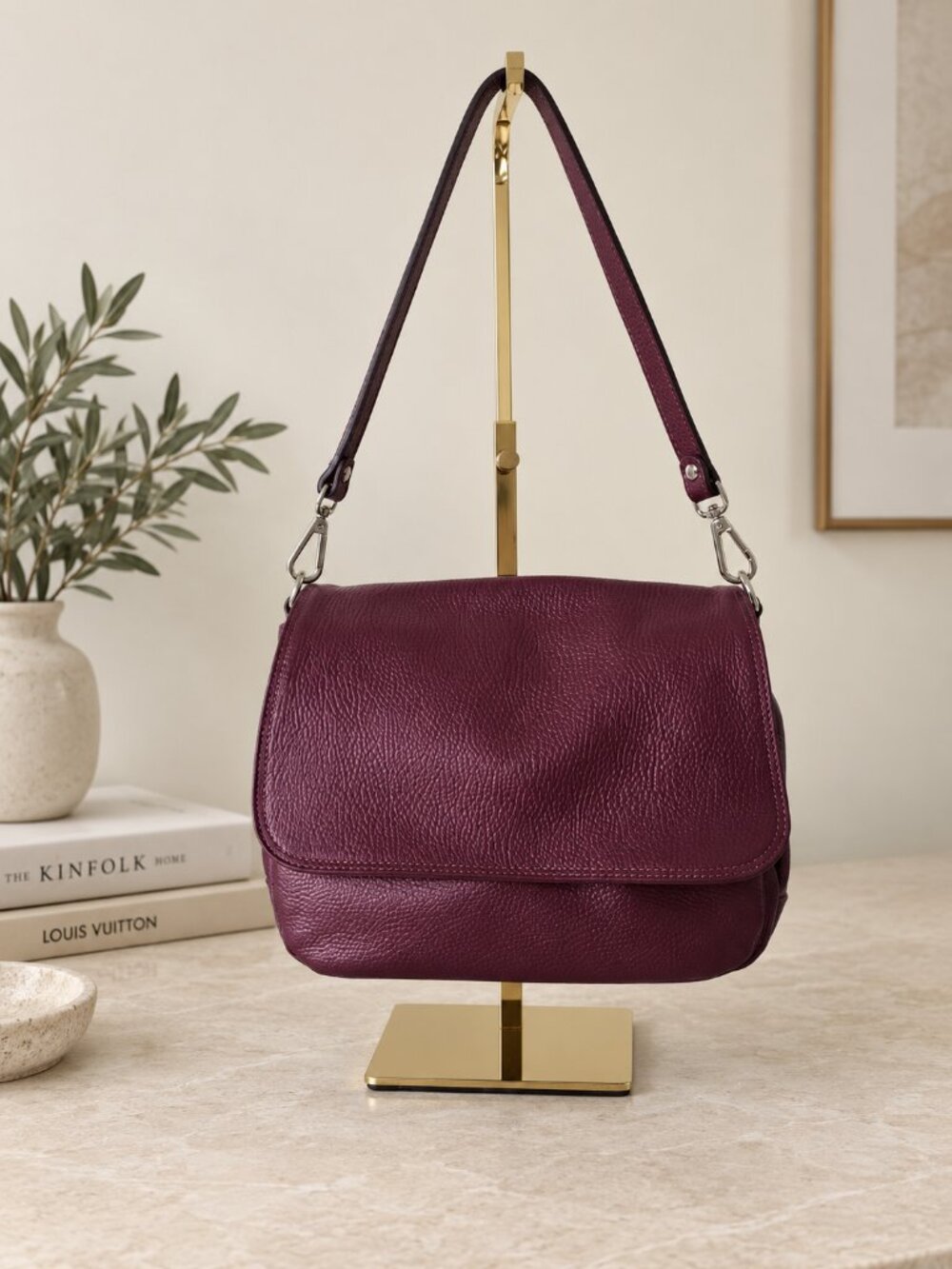 Burgundy Italian Leather Crossbody Bag, Grained Leather Shoulder Bag
